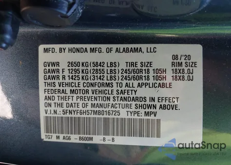 2021 Honda Pilot Awd Ex-L из США, поврежденный, VIN 5FNYF6H57MB016725